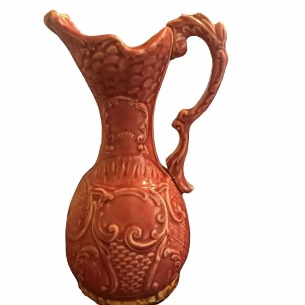 Majolica Ewer Ceramic Floral Pottery Vase/Pitcher 825 Rose Color Vintage‎